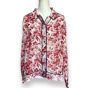 New FRNCH Chanael Ivory and Red Floral Sheer Button Down Blouse | Size Large
